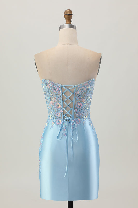 Light Blue Satin Ruched Short Corset Homecoming Dress with Appliques