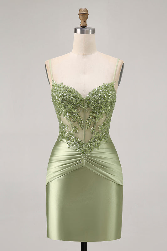 Sparkly Green Corset Satin Tight Short Homecoming Dress with Beading