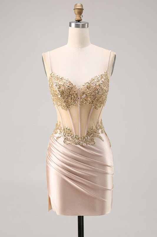 Sparkly Champagne Corset Tight Short Homecoming Dress with Lace