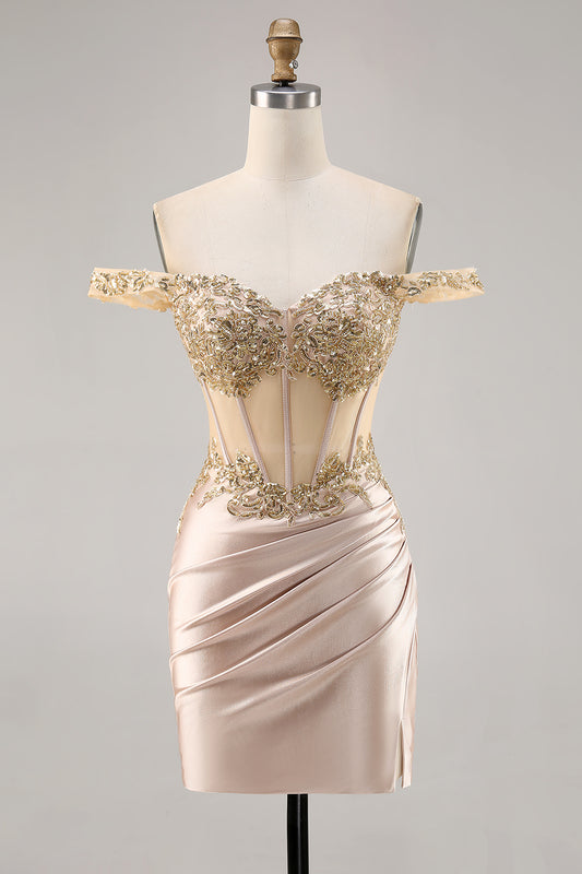 Sparkly Champagne Satin Corset Short Homecoming Dress with Lace