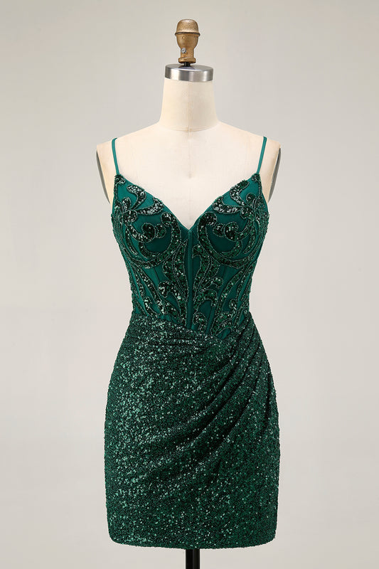 Sparkly Dark Green Sequins Corset V-Neck Short Homecoming Dress