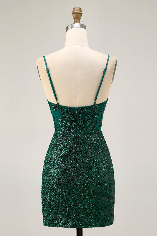 Sparkly Dark Green Sequins Corset V-Neck Short Homecoming Dress