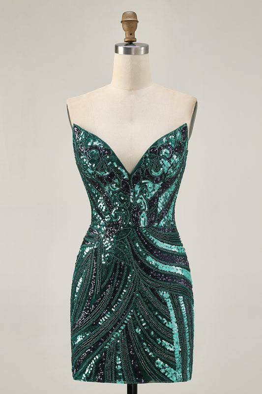 Sparkly Dark Green Tight Strapless Short Beaded Homecoming Dress