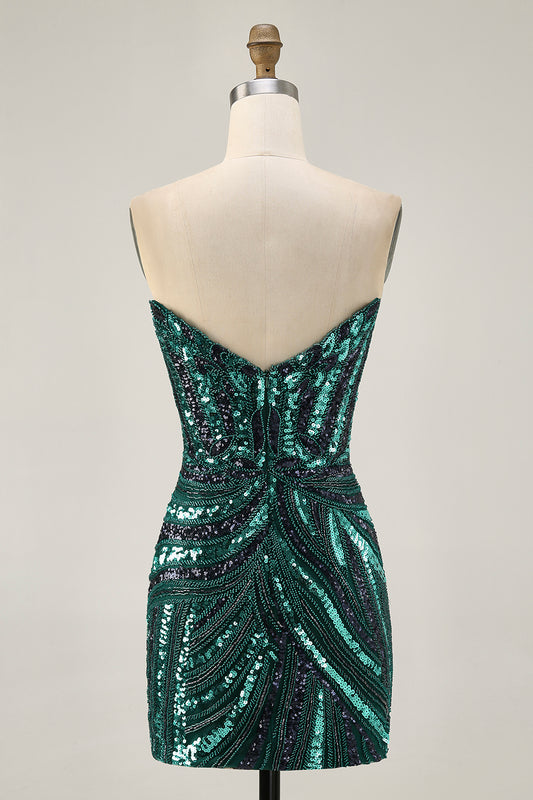 Sparkly Dark Green Tight Strapless Short Beaded Homecoming Dress