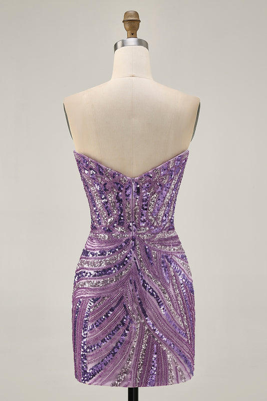 Sparkly Purple Tight Beaded Strapless Short Homecoming Dress