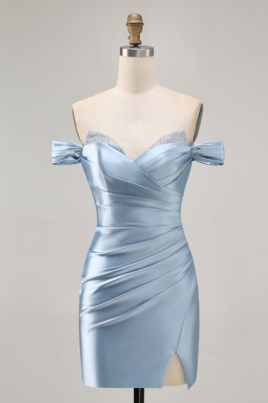 Grey Blue Satin Ruched Off the Shoulder Short Homecoming Dress