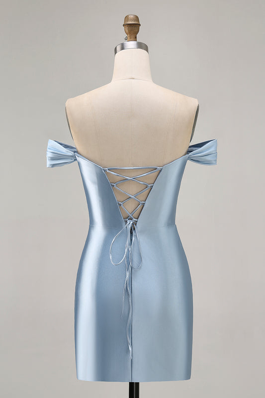 Grey Blue Satin Ruched Off the Shoulder Short Homecoming Dress