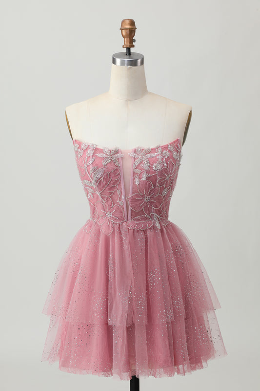 Glitter Dusty Rose Tulle Ruffled Short Tiered Corset Homecoming Dress