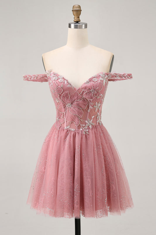 Sparkly Dusty Rose Floral Lace Short Corset Homecoming Dress