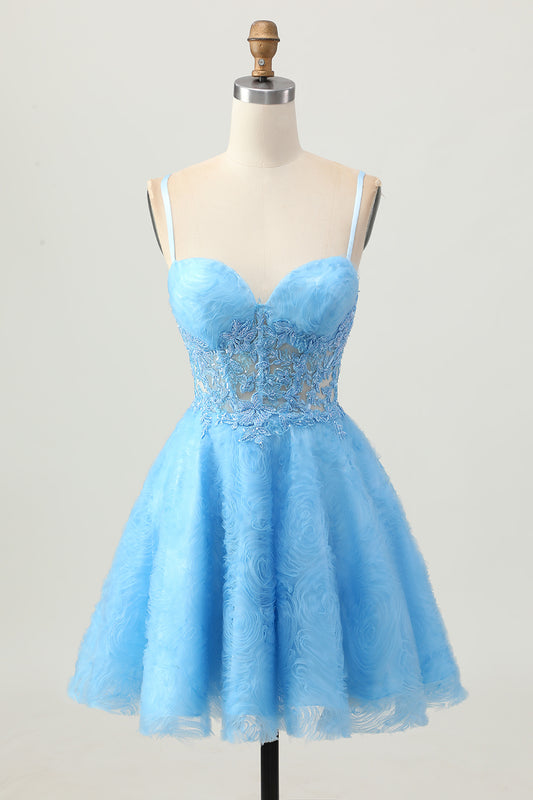 Blue Spaghetti Straps Floral Corset Short Homecoming Dress with Lace