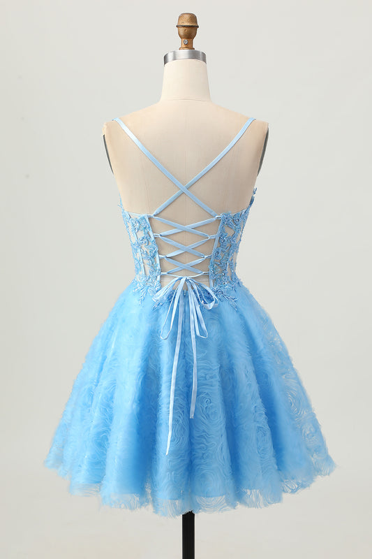 Blue Spaghetti Straps Floral Corset Short Homecoming Dress with Lace