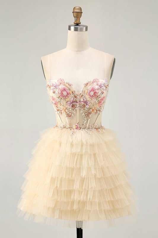 Apricot Floral Corset Short Tiered Homecoming Dress with Ruffles