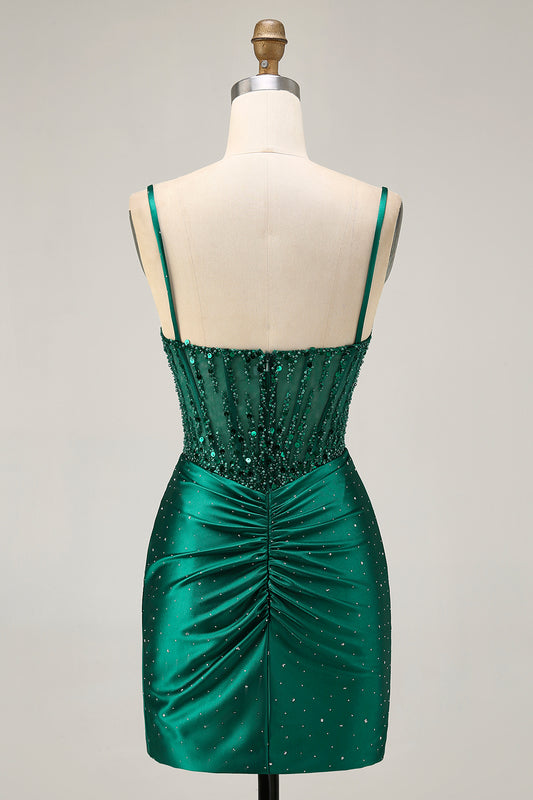 Sparkly Dark Green Satin Corset Short Tight Homecoming Dress with Beading