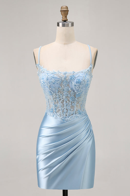 Sparkly Blue Corset Satin Tight Short Homecoming Dress with Lace