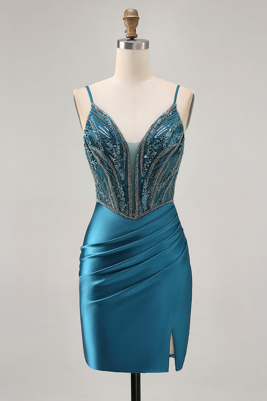 Sparkly Peacock Blue Tight Short Corset Homecoming Dress with Beading