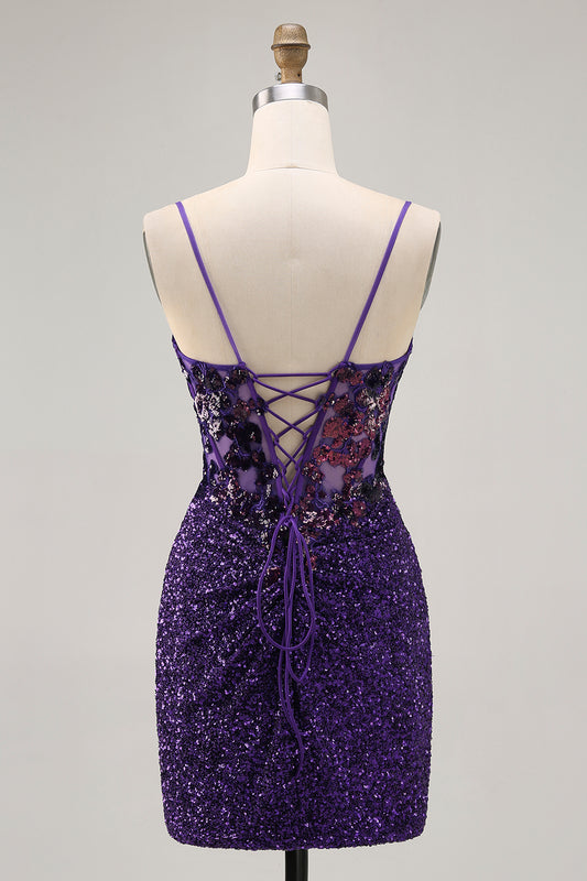 Sparkly Dark Purple Tight Sequin Short Corset Homecoming Dress