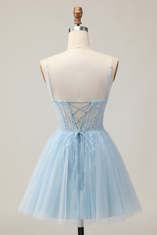 Sparkly Light Blue Tulle Corset A Line Short Homecoming Dress with Beading