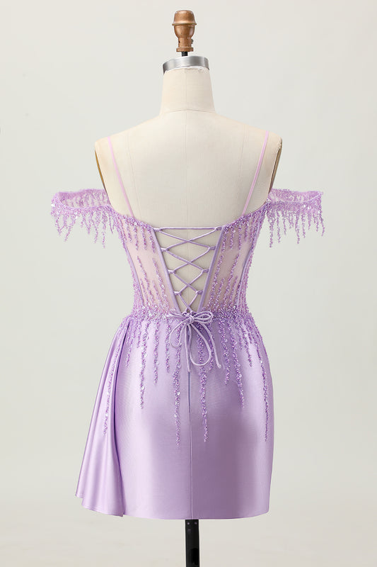 Sparkly Lilac Corset Cold Shoulder Short Homecoming Dress with Beading