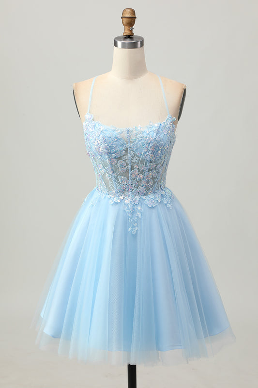 Sparkly Light Blue Tulle Corset Short Homecoming Dress with Appliques