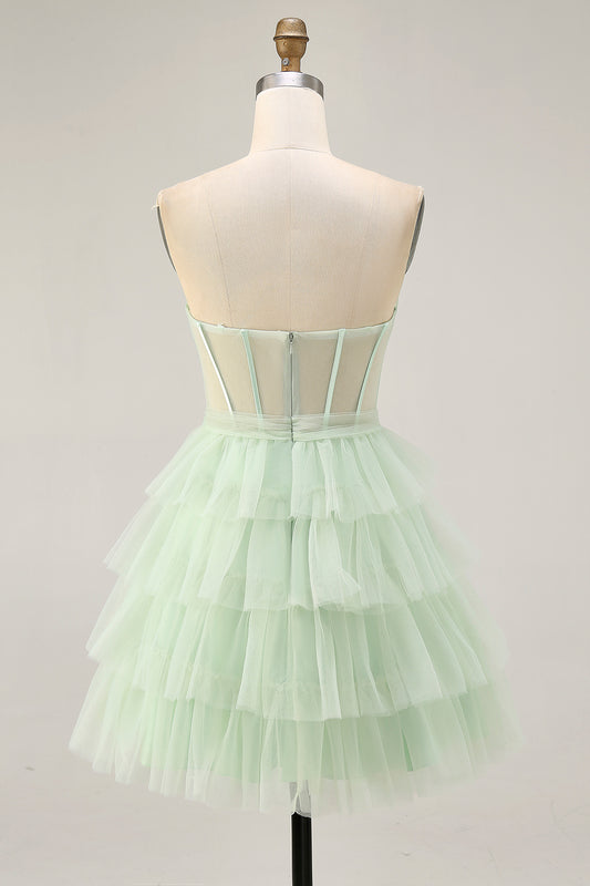 Light Green Tiered Short Corset Homecoming Dress with Ruffles