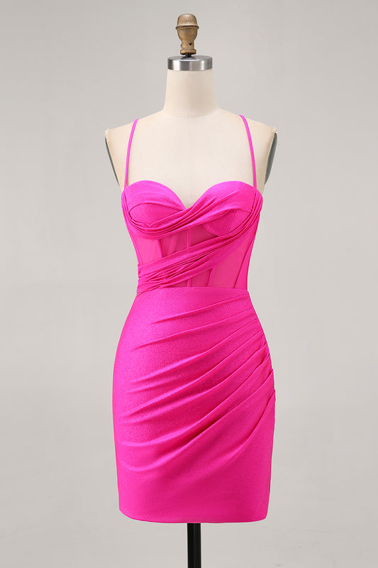 Fuchsia Ruched Spaghetti Straps Tight Short Corset Homecoming Dress