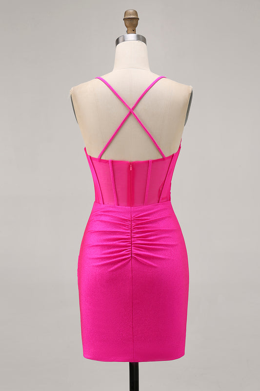 Fuchsia Ruched Spaghetti Straps Tight Short Corset Homecoming Dress