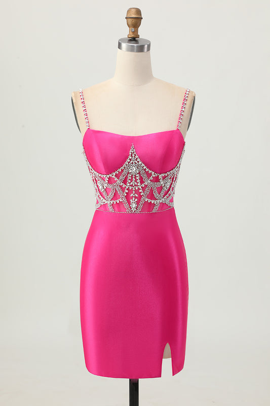 Sparkly Fuchsia Corset Tight Satin Short Homecoming Dress with Beading