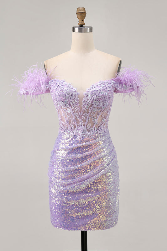Sparkly Lilac Floral Sequins Tight Short Corset Homecoming Dress with Feathers