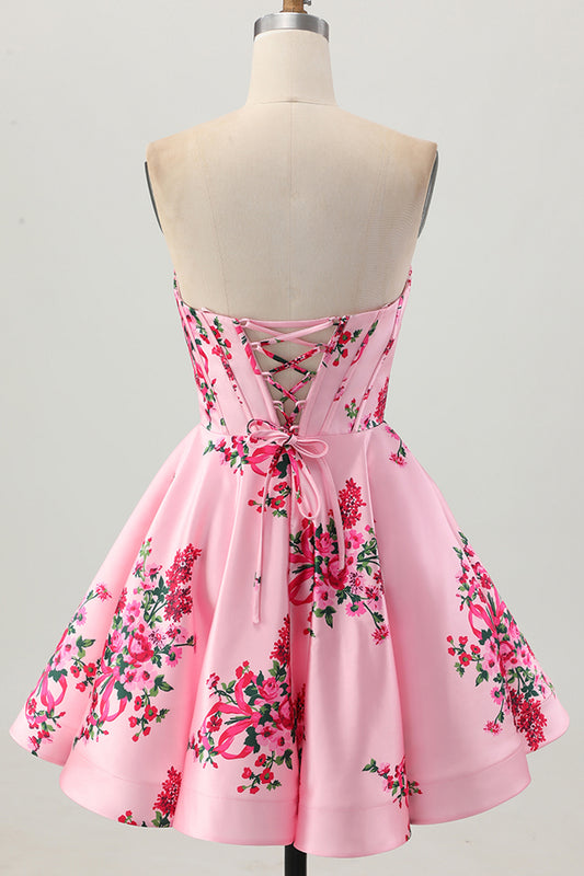 Pink Corset Floral Sweetheart Short Satin Homecoming Dress