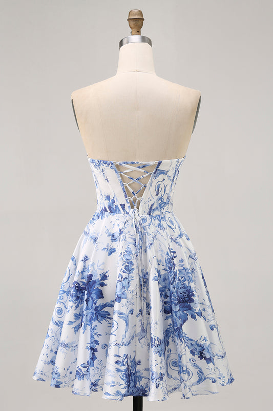 White Blue Corset Flower A Line Short Homecoming Dress