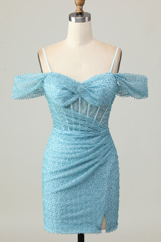 Sparkly Blue Tight Corset Cold Shoulder Short Homecoming Dress