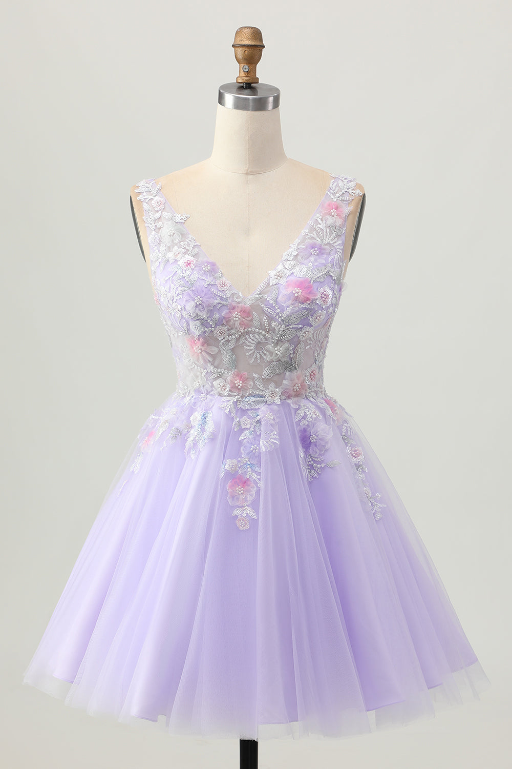 Zapakasa Women Sparkly Lilac Floral Short Homecoming Dress with Beading Tulle V-Neck A Line Cocktail Dress Zapakasa Women Sparkly Lilac Floral Short Homecoming Dress with Beading Tulle V-Neck A Line Cocktail Dress