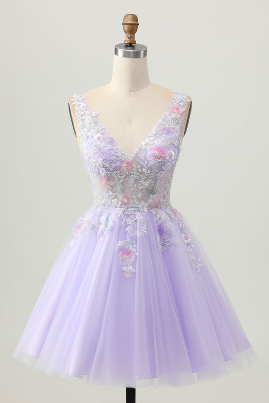 Sparkly Lilac V-Neck Floral Tulle Short Homecoming Dress with Beading