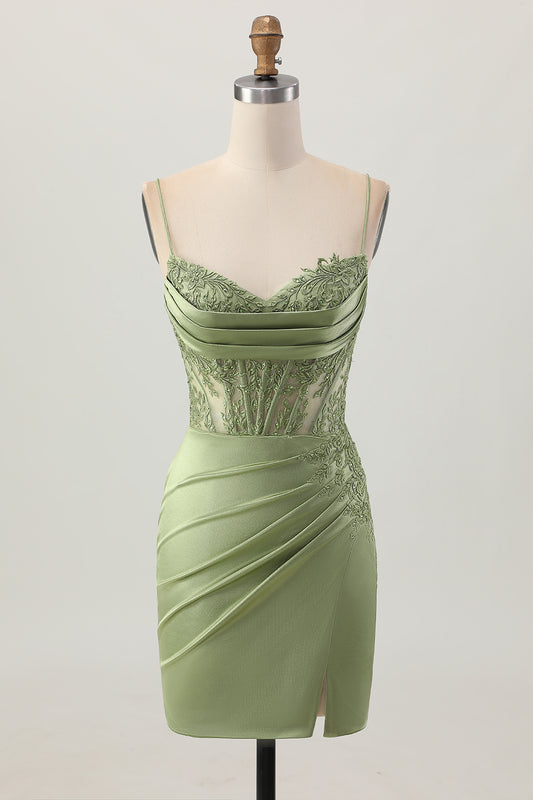 Sage Green Corset Satin Tight Short Homecoming Dress with Lace