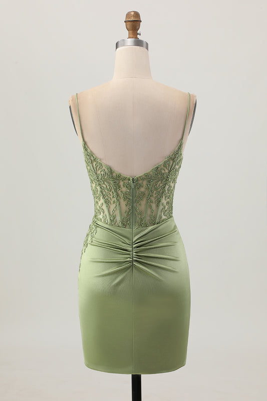 Sage Green Corset Satin Tight Short Homecoming Dress with Lace