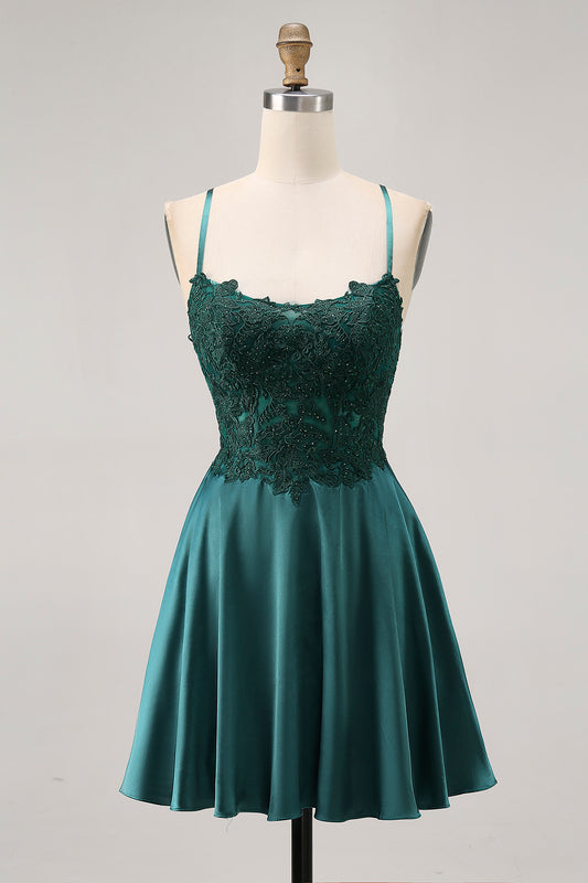 Sparkly Dark Green Appliqued Satin Short Corset Homecoming Dress