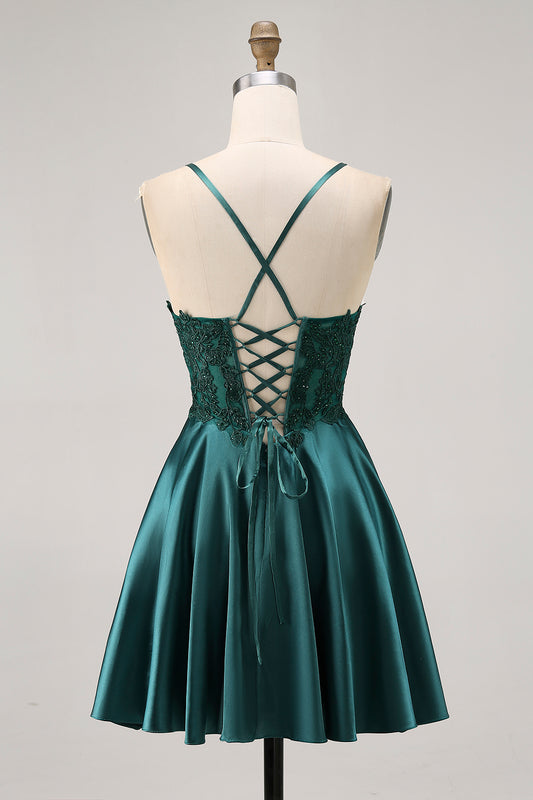 Sparkly Dark Green Appliqued Satin Short Corset Homecoming Dress