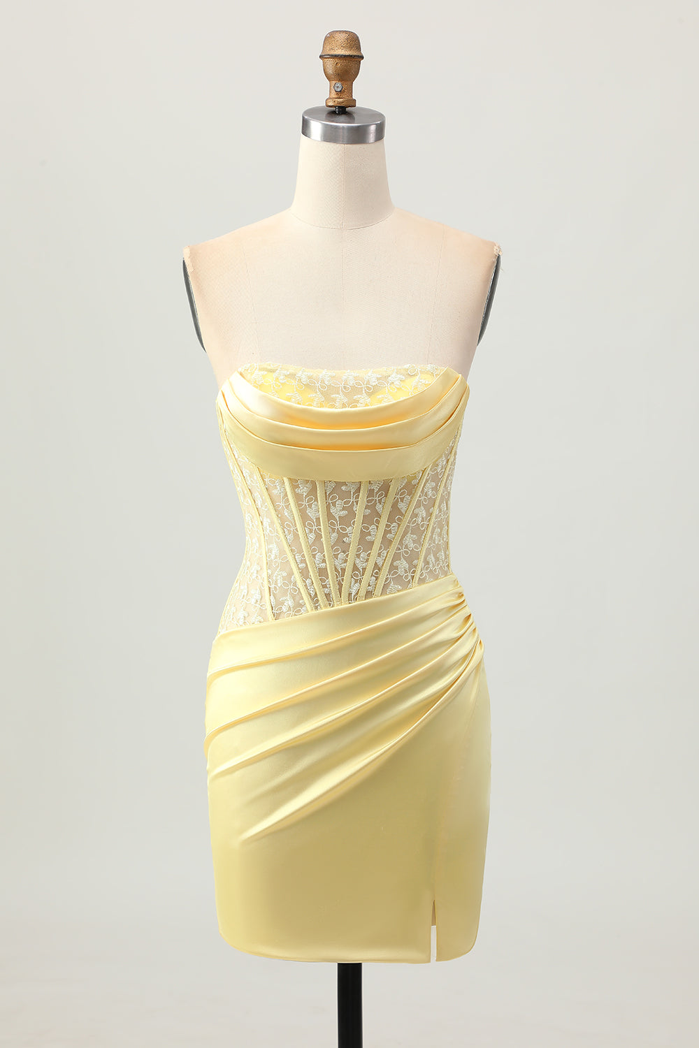 Zapakasa Women Yellow Corset Short Homecoming Dress with Lace Strapless Tight Lace Up Back Satin Cocktail Dress with Slit Zapakasa Women Yellow Corset Short Homecoming Dress with Lace Strapless Tight Lace Up Back Satin Cocktail Dress with Slit