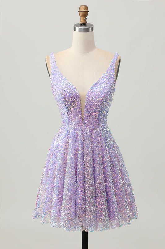 Sparkly Lilac Sequin V-Neck Short Homecoming Dress