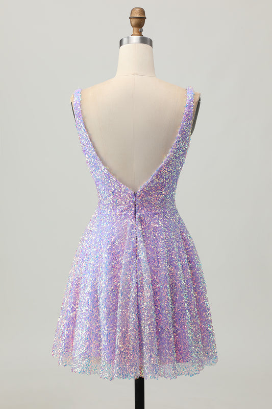 Sparkly Lilac Sequin V-Neck Short Homecoming Dress
