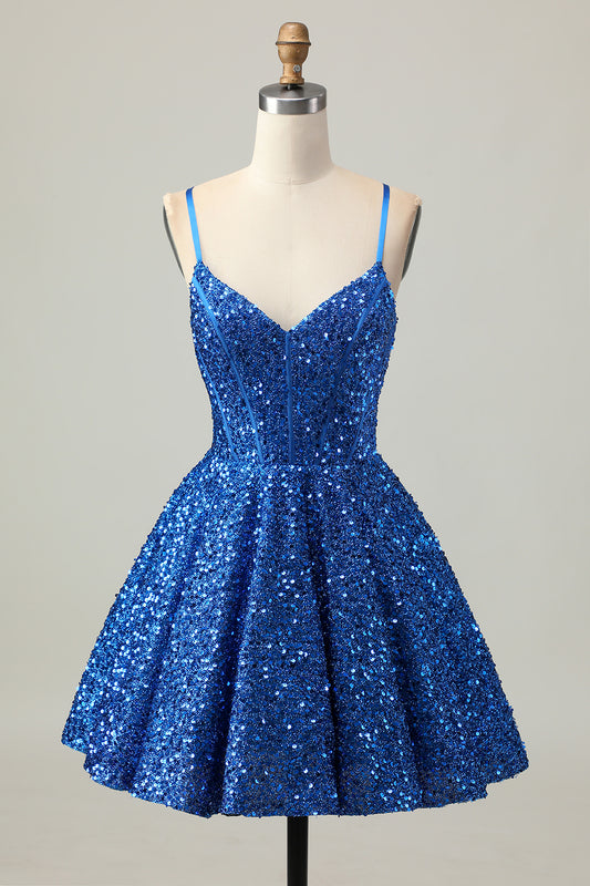 Sparkly Dark Blue Corset Sequin A Line Short Homecoming Dress