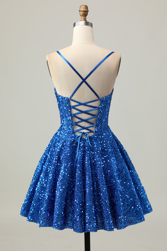 Sparkly Dark Blue Corset Sequin A Line Short Homecoming Dress