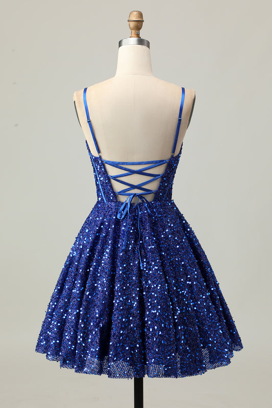 Sparkly Dark Blue Sequin Corset A Line Short Homecoming Dress