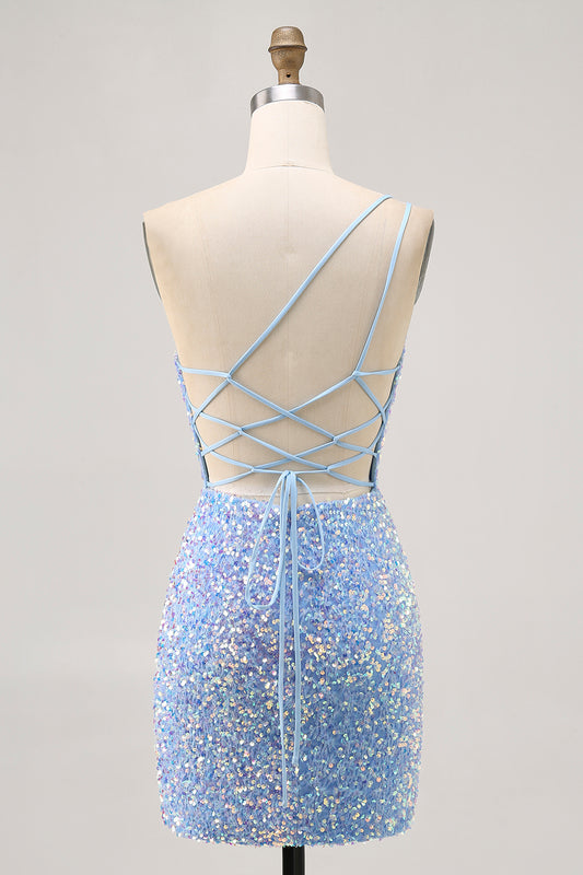 Sparkly Blue Sequins One Shoulder Short Homecoming Dress