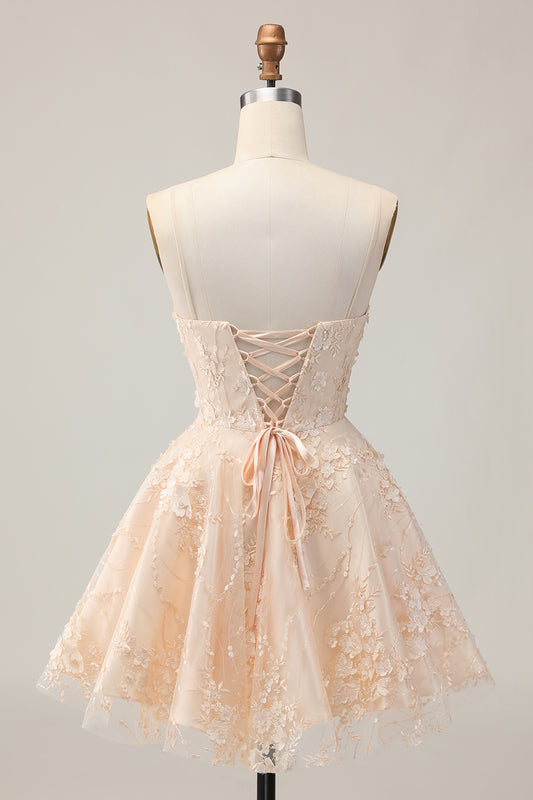 Apricot Floral A Line Spaghetti Straps Short Homecoming Dress