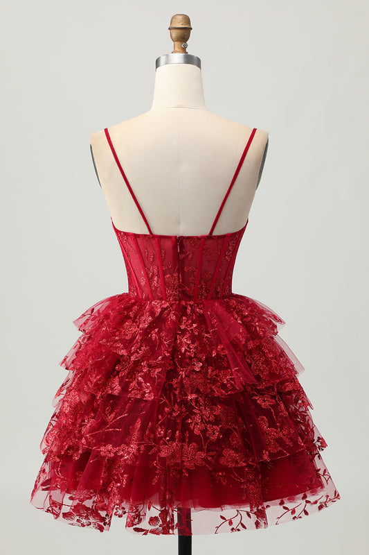Sparkly Dark Red Corset A Line Short Tiered Homecoming Dress with Lace