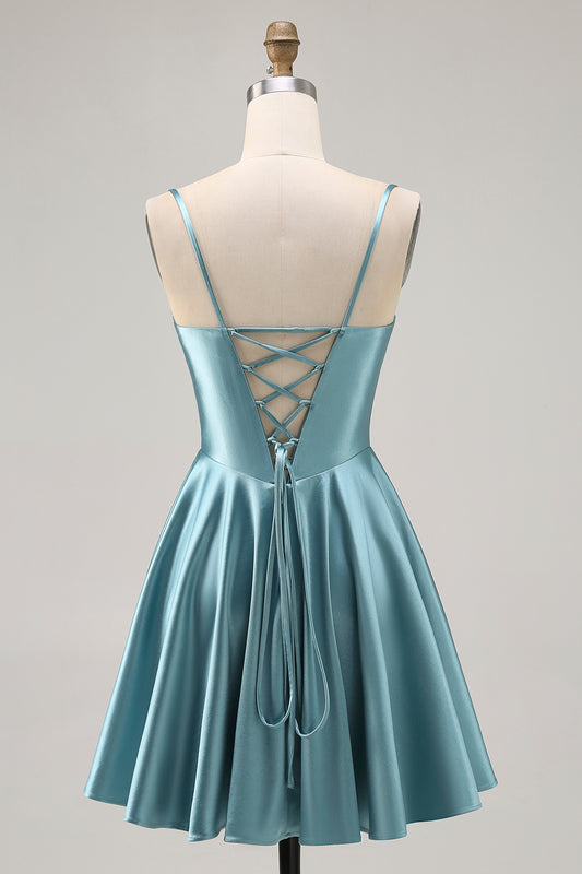 Grey Green Satin Ruched A Line Short Corset Homecoming Dress