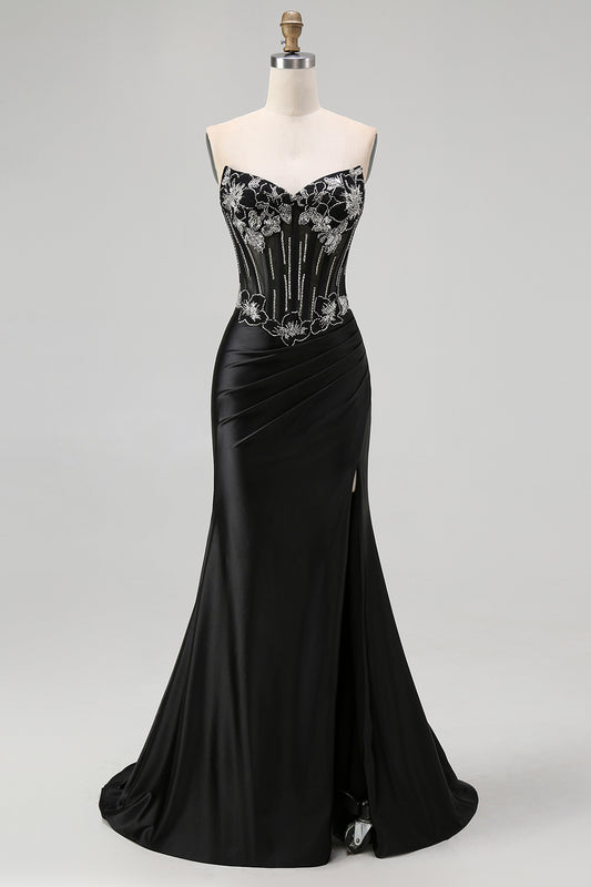 Sparkly Black Corset Mermaid Beaded Long Prom Dress with Slit