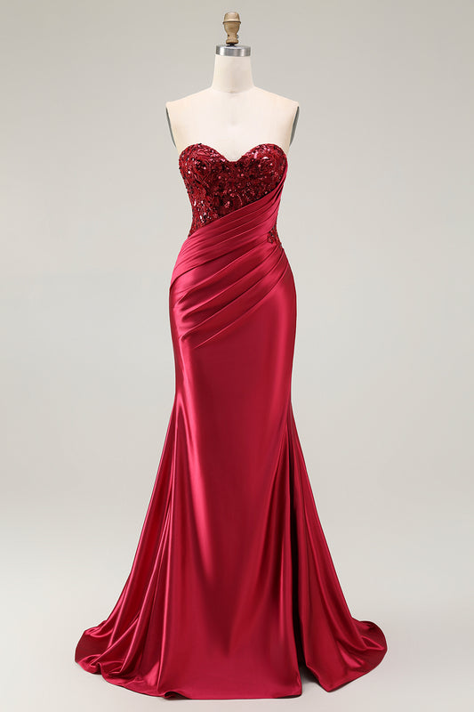 Sparkly Red Sweetheart Mermaid Long Prom Dress with Sequins