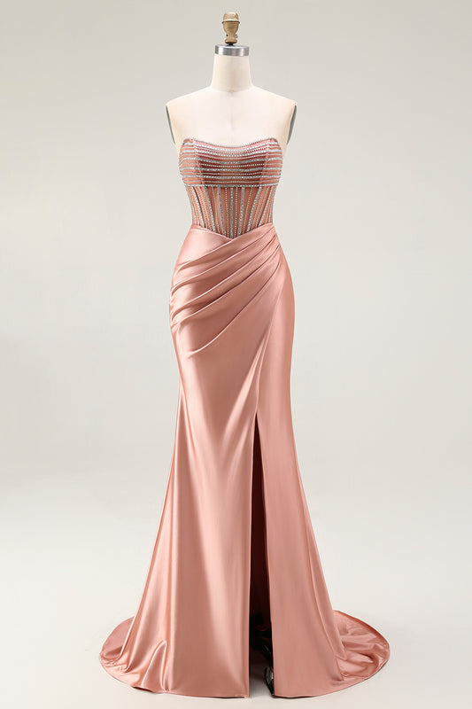Sparkly Blush Mermaid Strapless Ruched Long Prom Dress with Slit